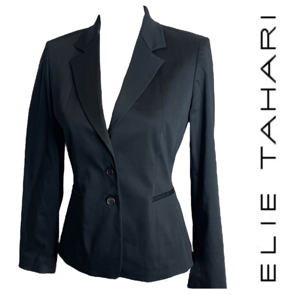 ELIE TAHARI Blazer Jacket Black Cotton Fitted 2 Button 4P Petite